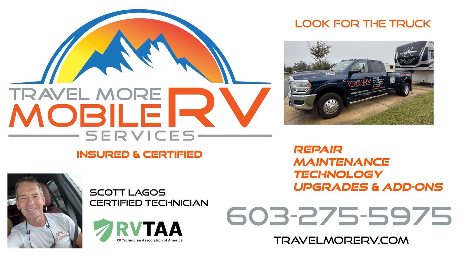 Travel More Mobile RV Services business card with contact information